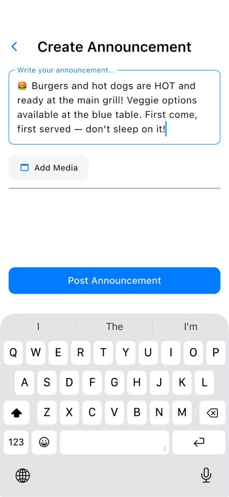 Eva app screen where an event creator composes an announcement.