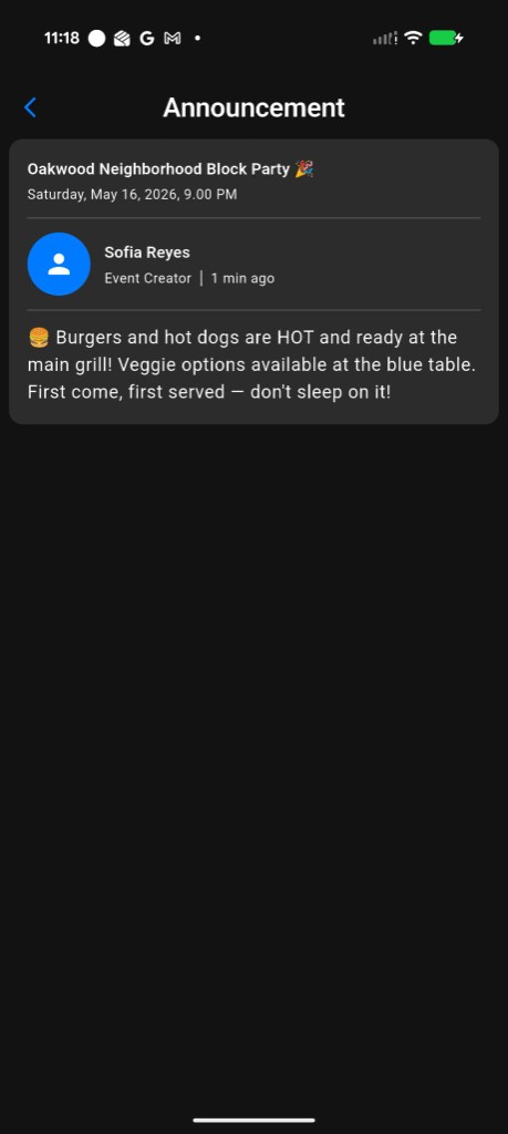 Eva app screen showing an announcement as seen by a follower.