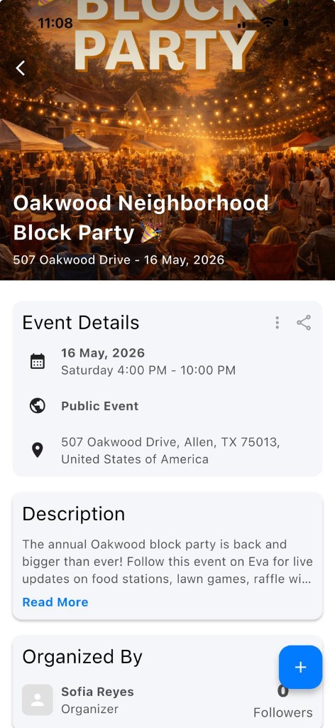 Eva event page with schedule and announcements.