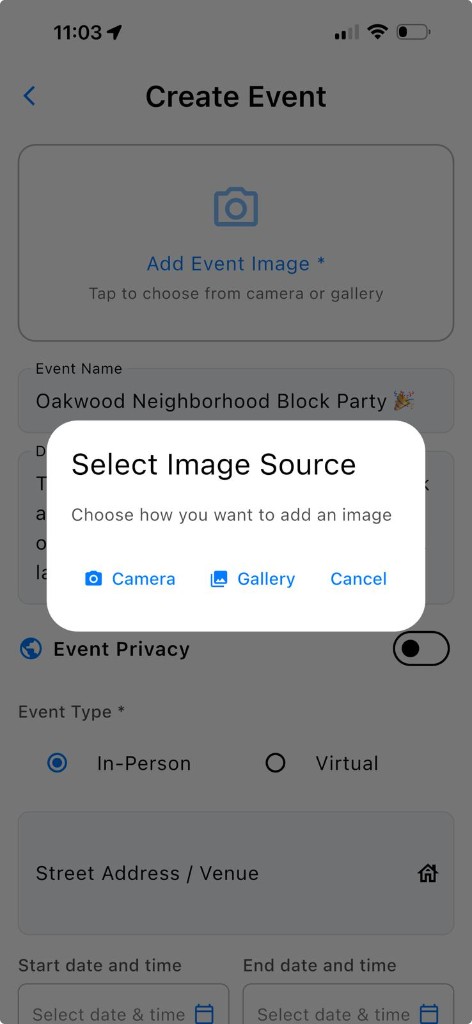 Eva app screen for adding an event cover photo.