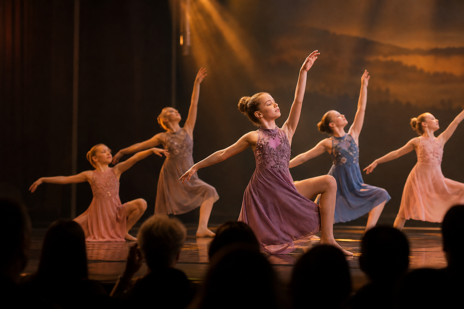Dance performance on stage under warm spotlights