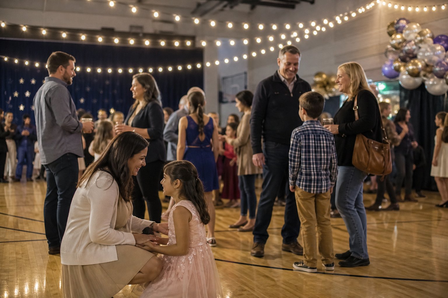 Families gathered at a school evening function