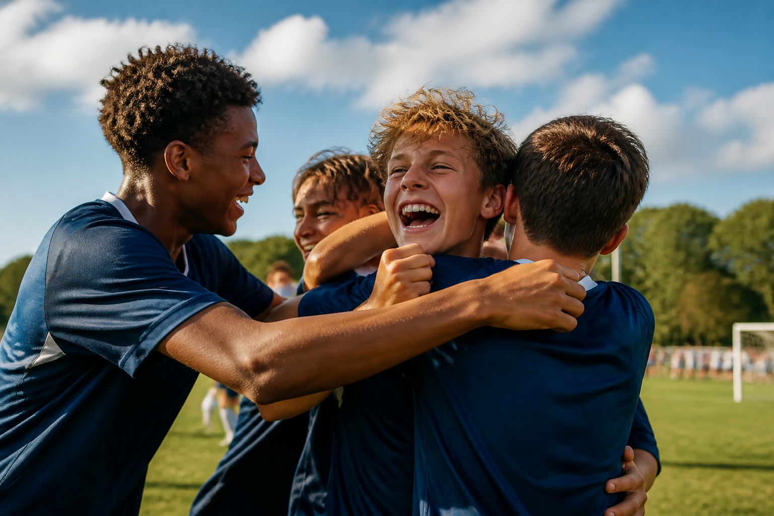 Youth athletes celebrating on a sunlit sports field