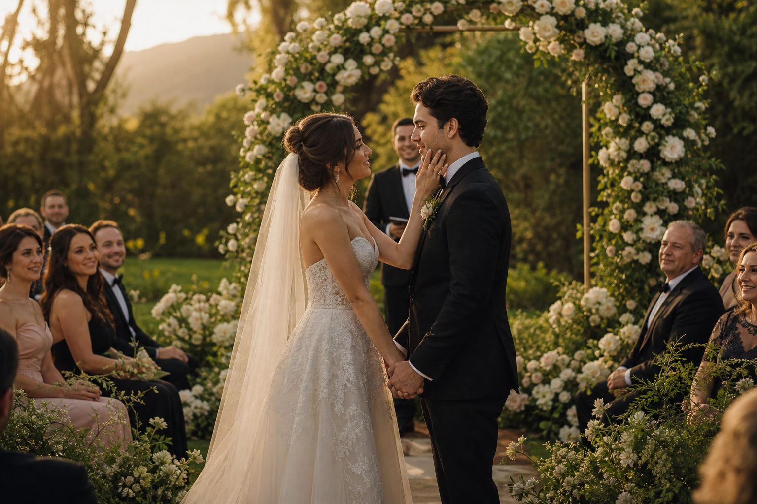 Outdoor wedding ceremony in golden hour light